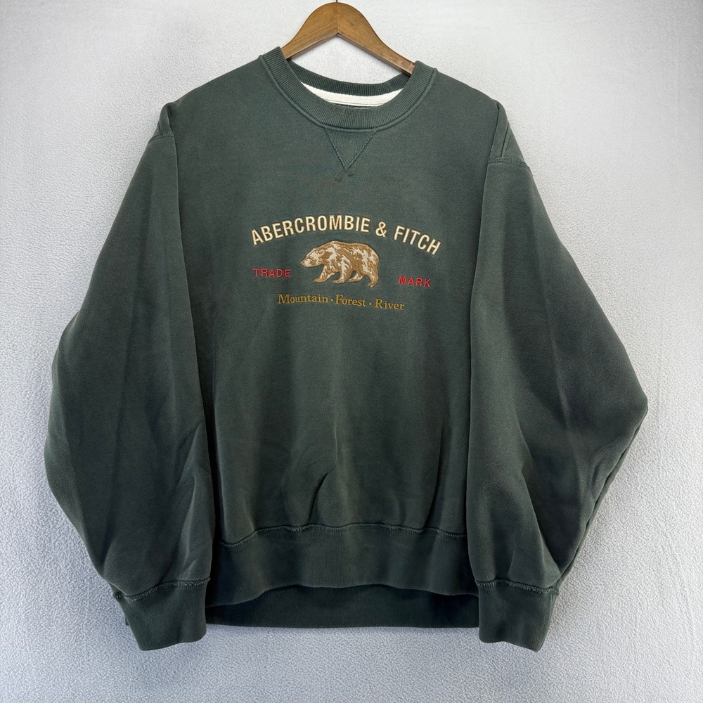 Abercrombie Fitch Sweatshirt Mens 2XL Green Bear Mountain Forest River Vintage